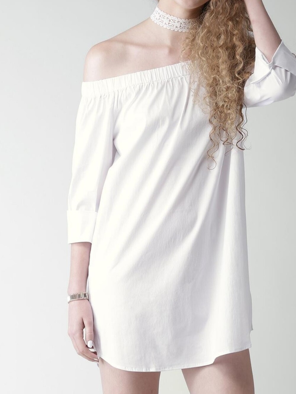 NWT Forever 21 White Cotton Poplin Off-Shoulder 3/4 Sleeve Mini Dress, Sz Large.
